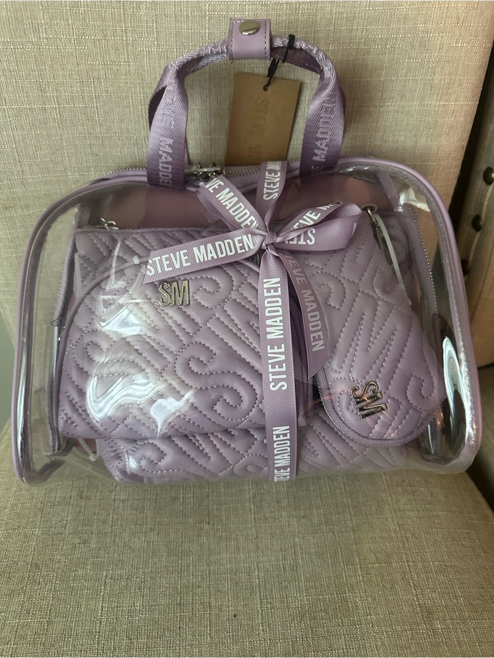 Steve Madden Lavender Quilted NWT Clear Tote Set